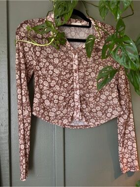 Altar’d State Brown Floral Long-Sleeve Button Front Crop Top